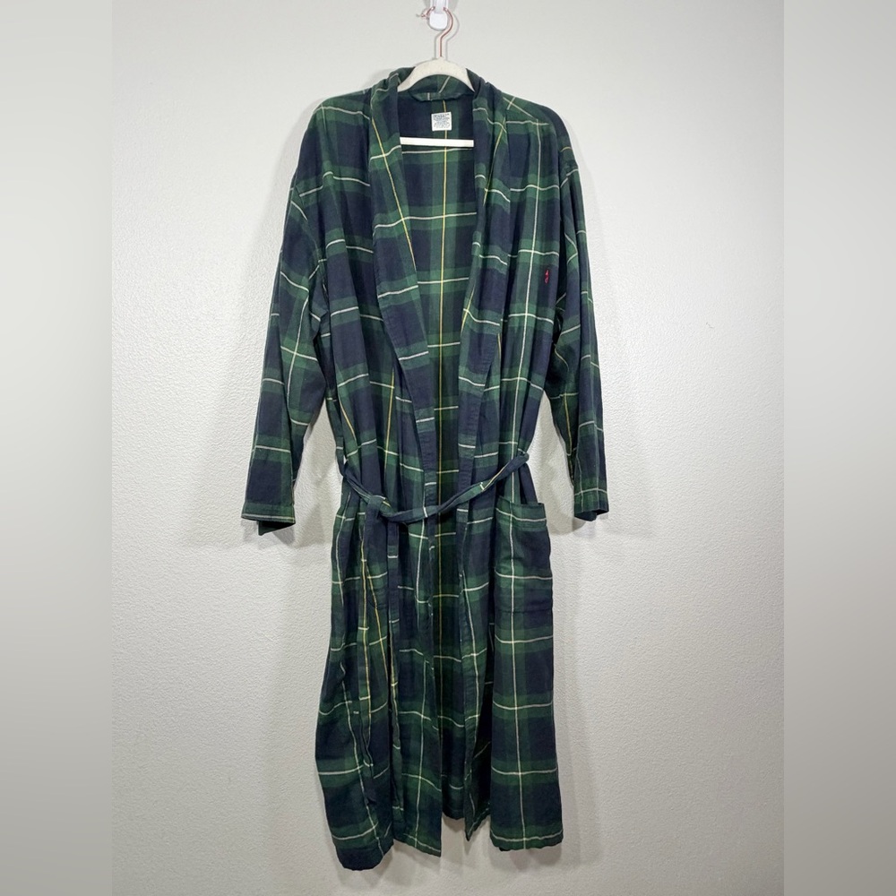 Polo Ralph Lauren Robe Sleepwear Green Blue Plaid Night Flannel Belt Men L/XL